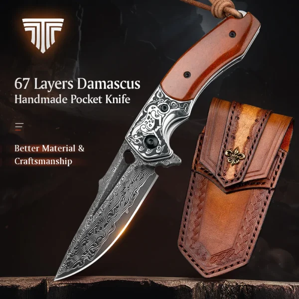 Lovački Nož Trivisa Handmade with Leather Sheath,2.9" 67 Layers Damascus Steel,Bone Handle