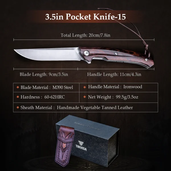 Lovački Nož  Trivisa Handmade with Leather Sheath,3.5" M390 Steel,Ironwood Handle