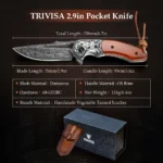 Lovački Nož Trivisa Handmade with Leather Sheath,2.9" 67 Layers Damascus Steel,Bone Handle