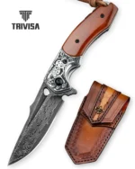 Lovački Nož Trivisa Handmade with Leather Sheath,2.9" 67 Layers Damascus Steel,Bone Handle